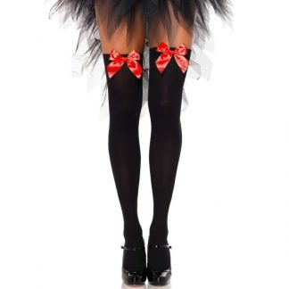 LEG AVENUE - MEDIAS ALTAS NEGRAS CON LACITO ROJO TALLA ÚNICA